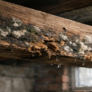 Hongos en la madera causados por exceso de humedad con manchas y podredumbre visibles