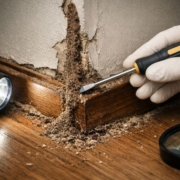 Señales tempranas de termitas en casa durante el invierno con galerías en madera visible