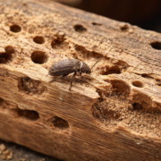 Ciclo de vida completo de la carcoma con fases de huevo, larva, pupa e insecto adulto