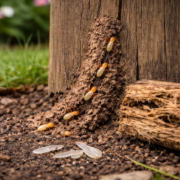Termitas subterráneas identificadas en jardín con galerías de barro sobre raíces y madera